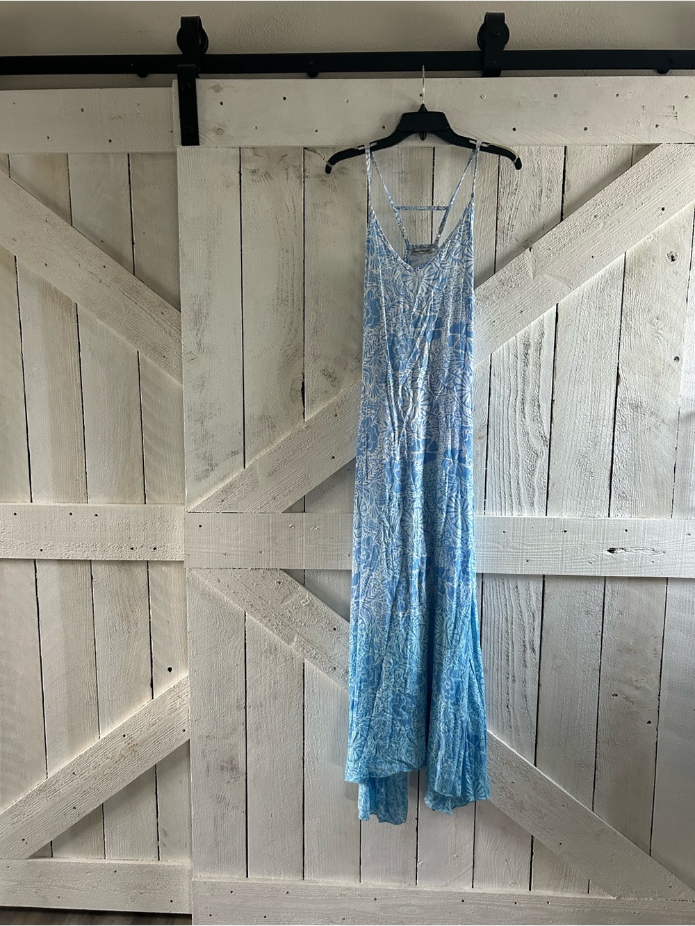Light Blue Printed Maxi Dress with Spaghetti Straps